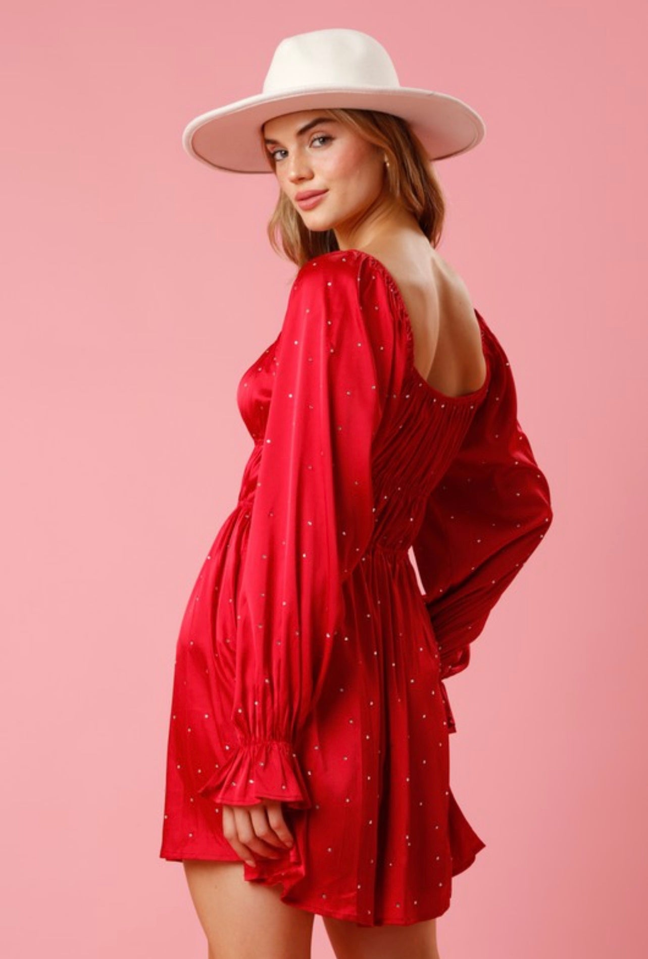 Red Rhinstone Bubble Sleeve Dress