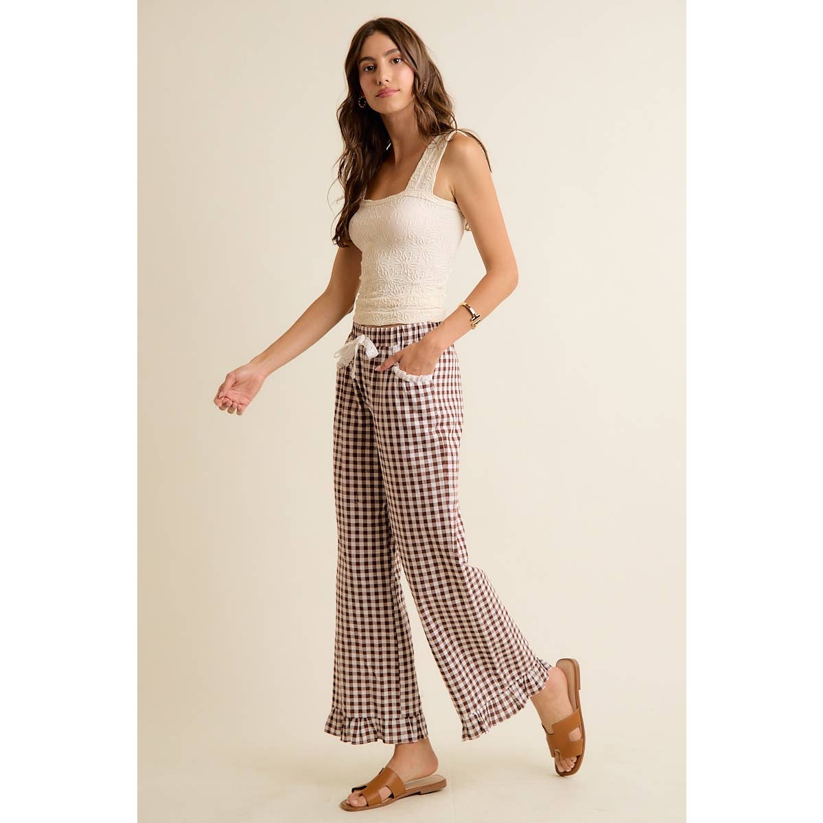 GINGHAM LACE RUFFLED PULL ON PANTS