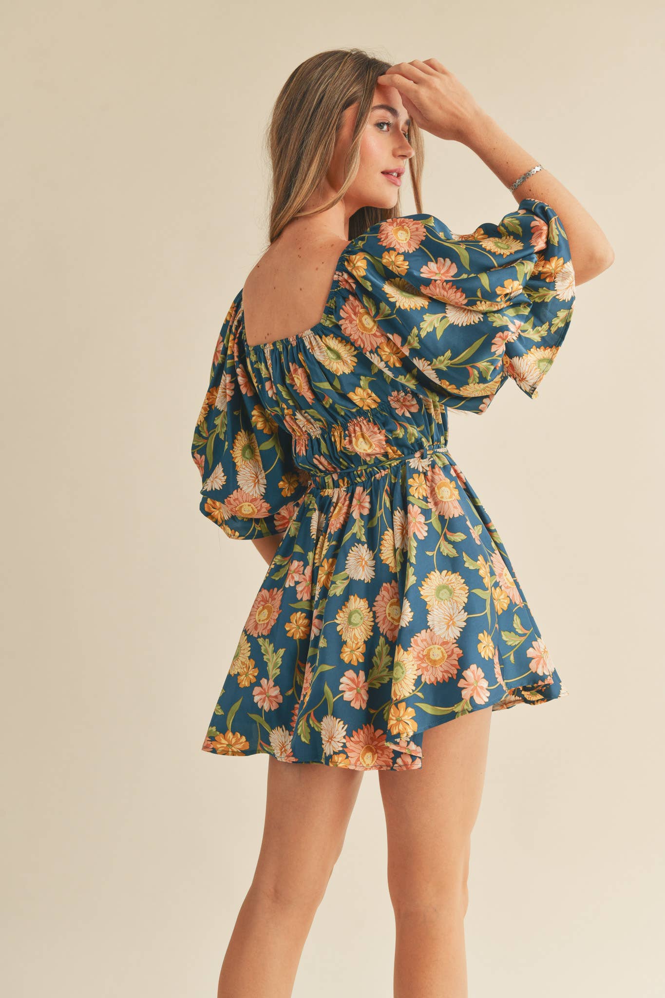 FLORAL PRINT BUBBLE SLEEVE MINI DRESS