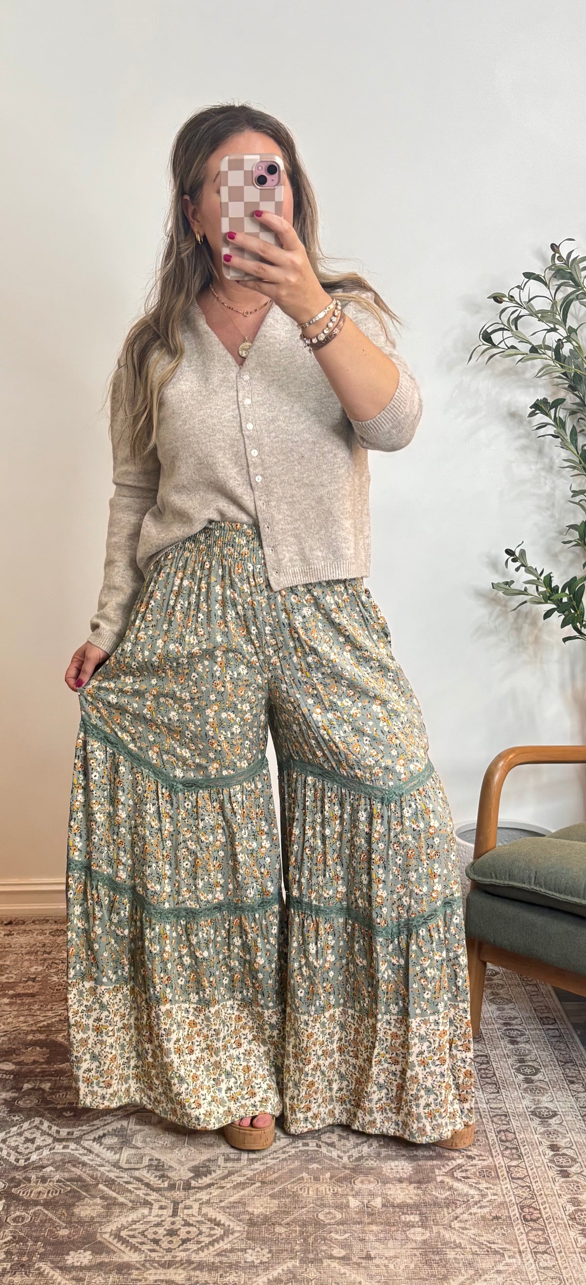 SAGE SMOCKED WAIST FLORAL LACE PRINT PANT