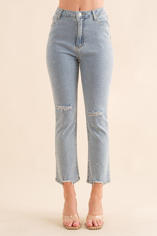 Studded Rhinestone Distressed Denim Jeans