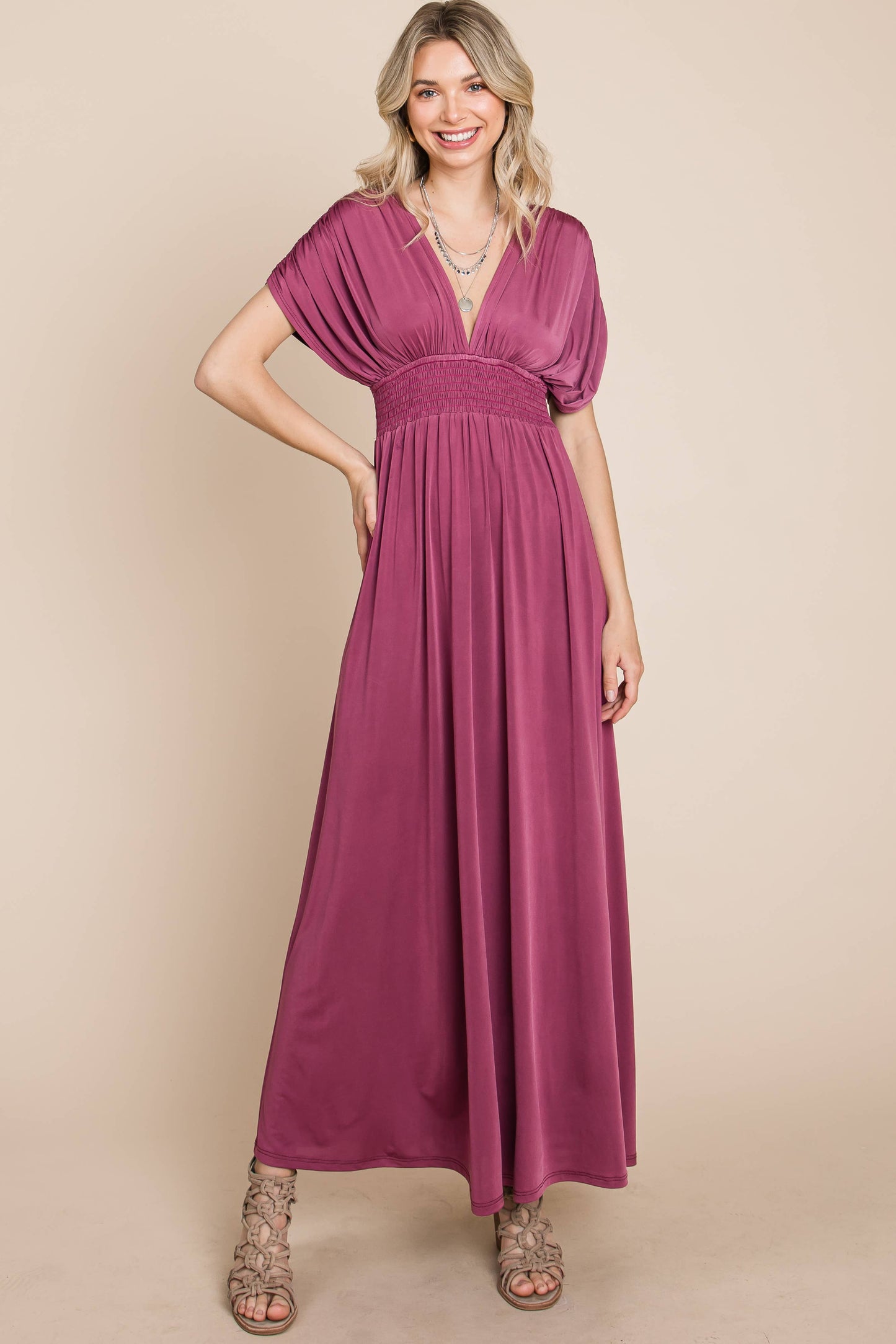 Solid Maxi Dress with Ruched Sleeves