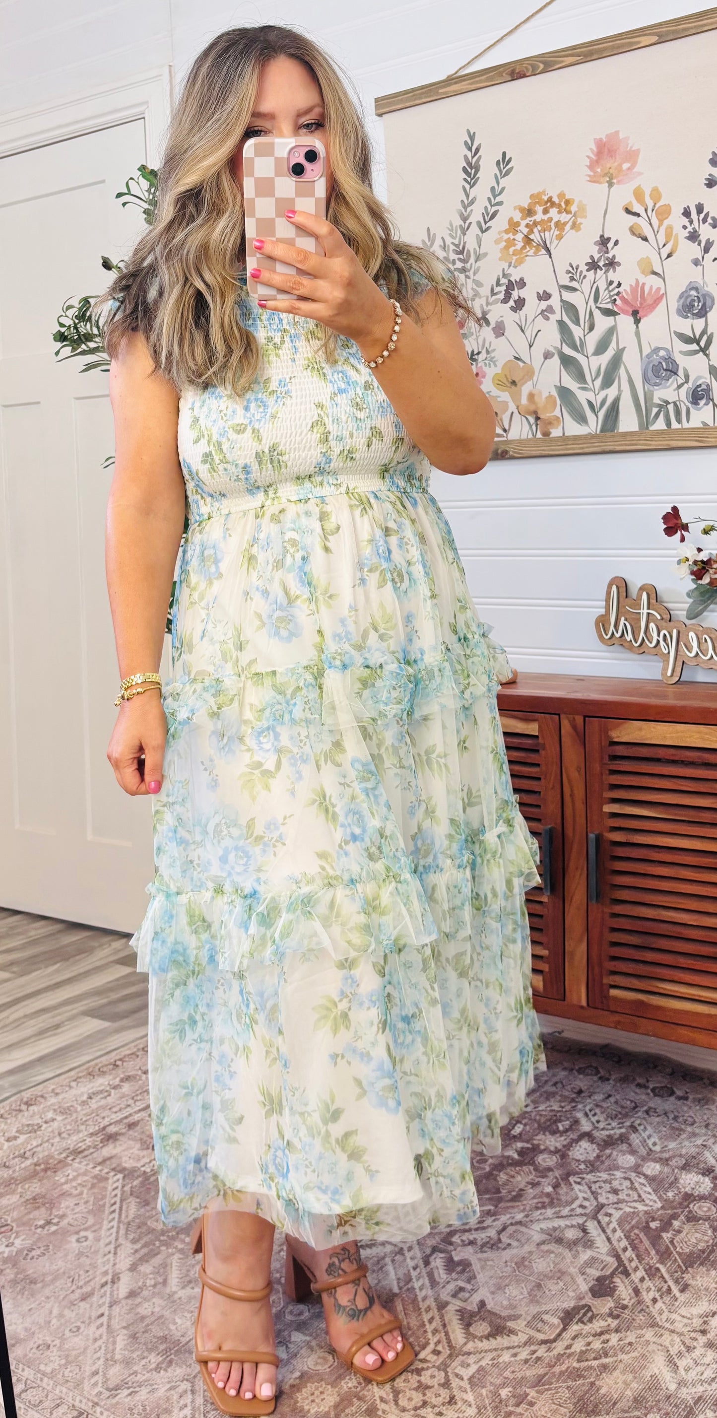 FLORAL TULLE PATTERN SMOCKED TIERED MIDI DRESS