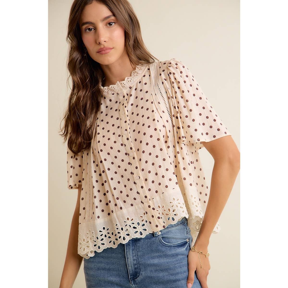 POLKADOT LACE TRIM FLUTTER SLEEVES BLOUSE TOP