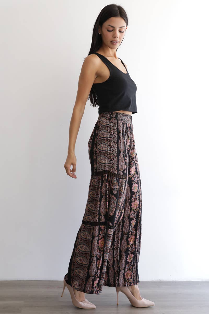PRINTED FLARE PANTS WITH LACE INSERTS AND SMOCKED