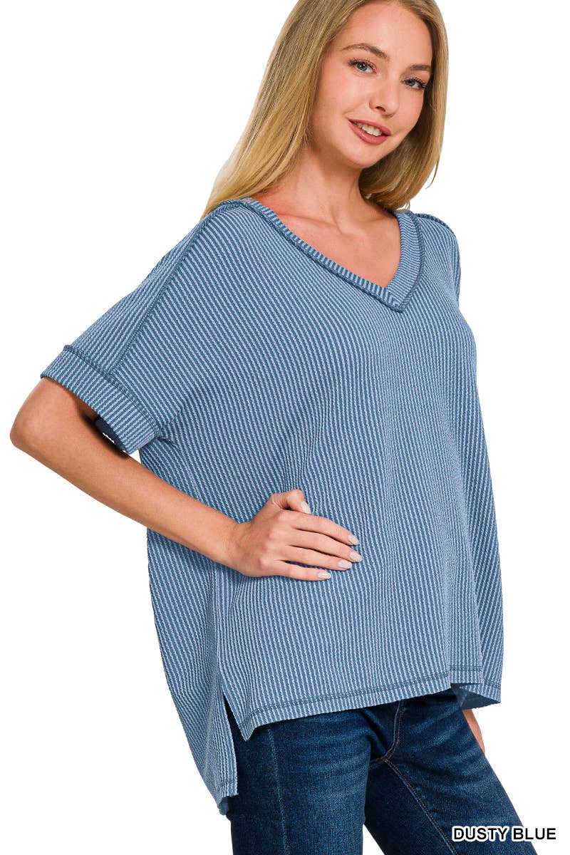 Corded Rib Short Cuff Sleeve Raw Edge Top