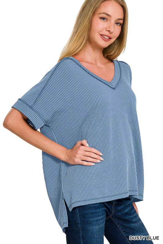Corded Rib Short Cuff Sleeve Raw Edge Top
