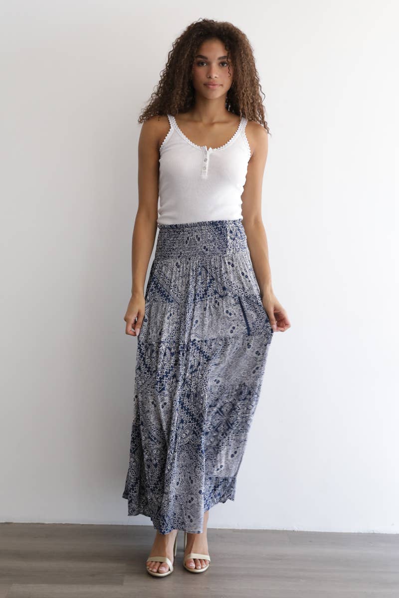 PRINTED TIERED A LINE MAXI SKIRT WITH SMOCKED WAI