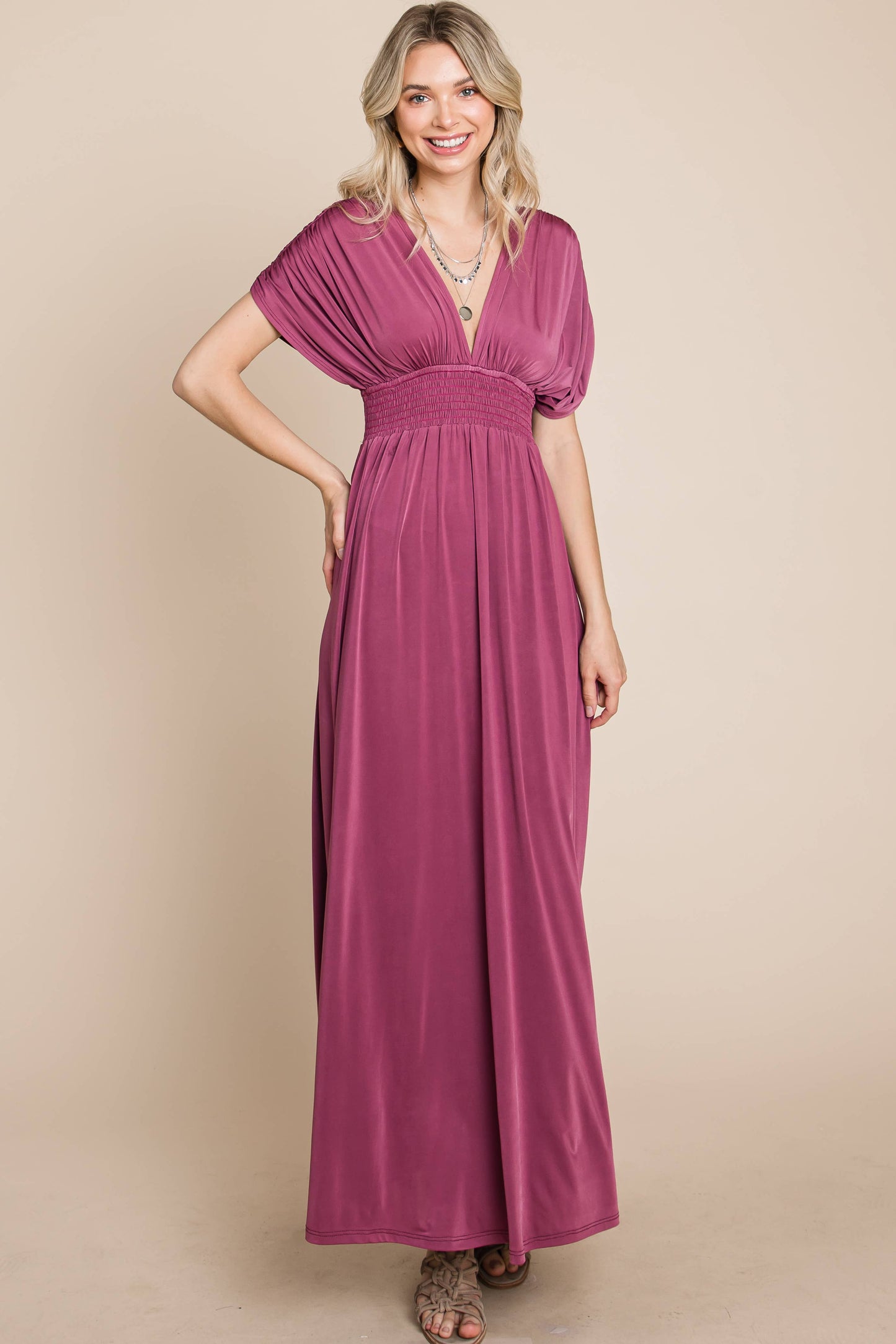 Solid Maxi Dress with Ruched Sleeves