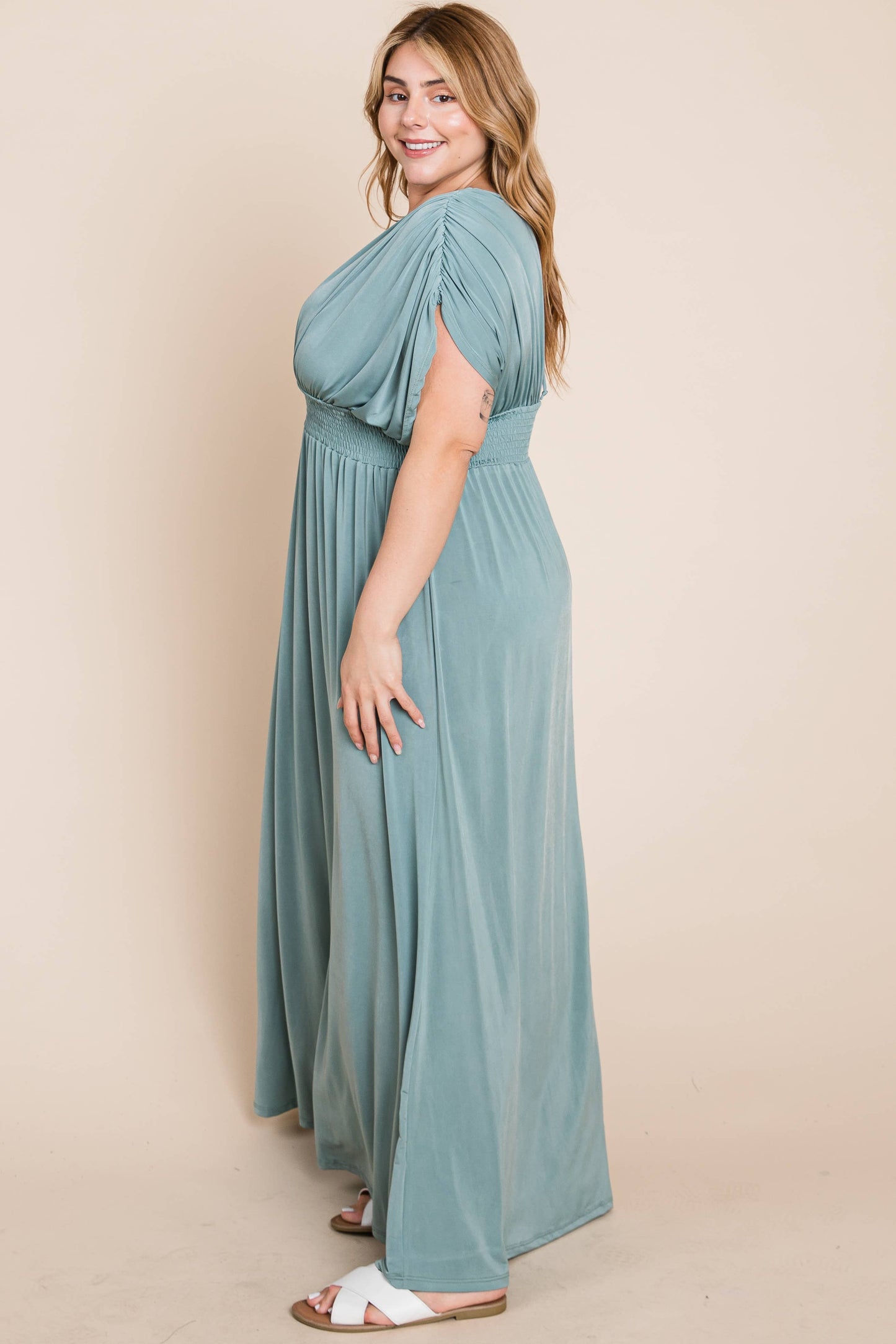 Maxi Dress with Ruched Sleeves-Plus(Black Only)