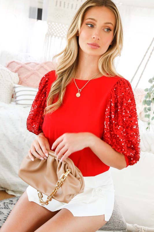 Round neck sequin contrast blouse