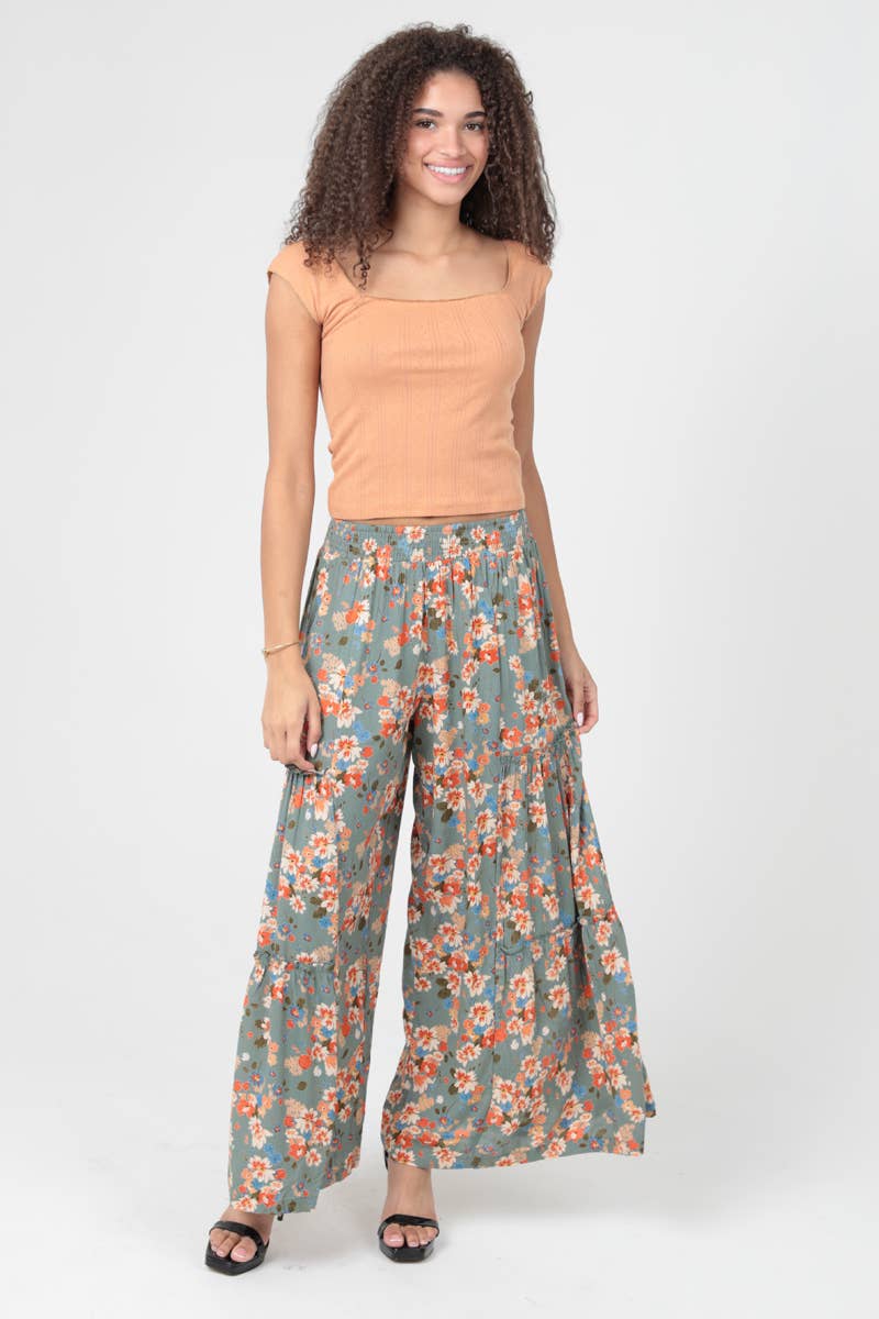 FLORAL PRINT WIDE LEG TIER PANTS