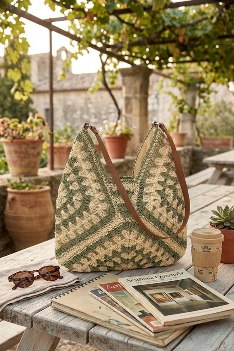 Woven Straw Crochet Bucket Shoulder Bag