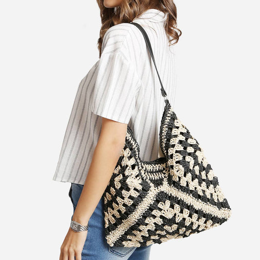 Two-Toned Pattern Design Straw Shoulder Bag