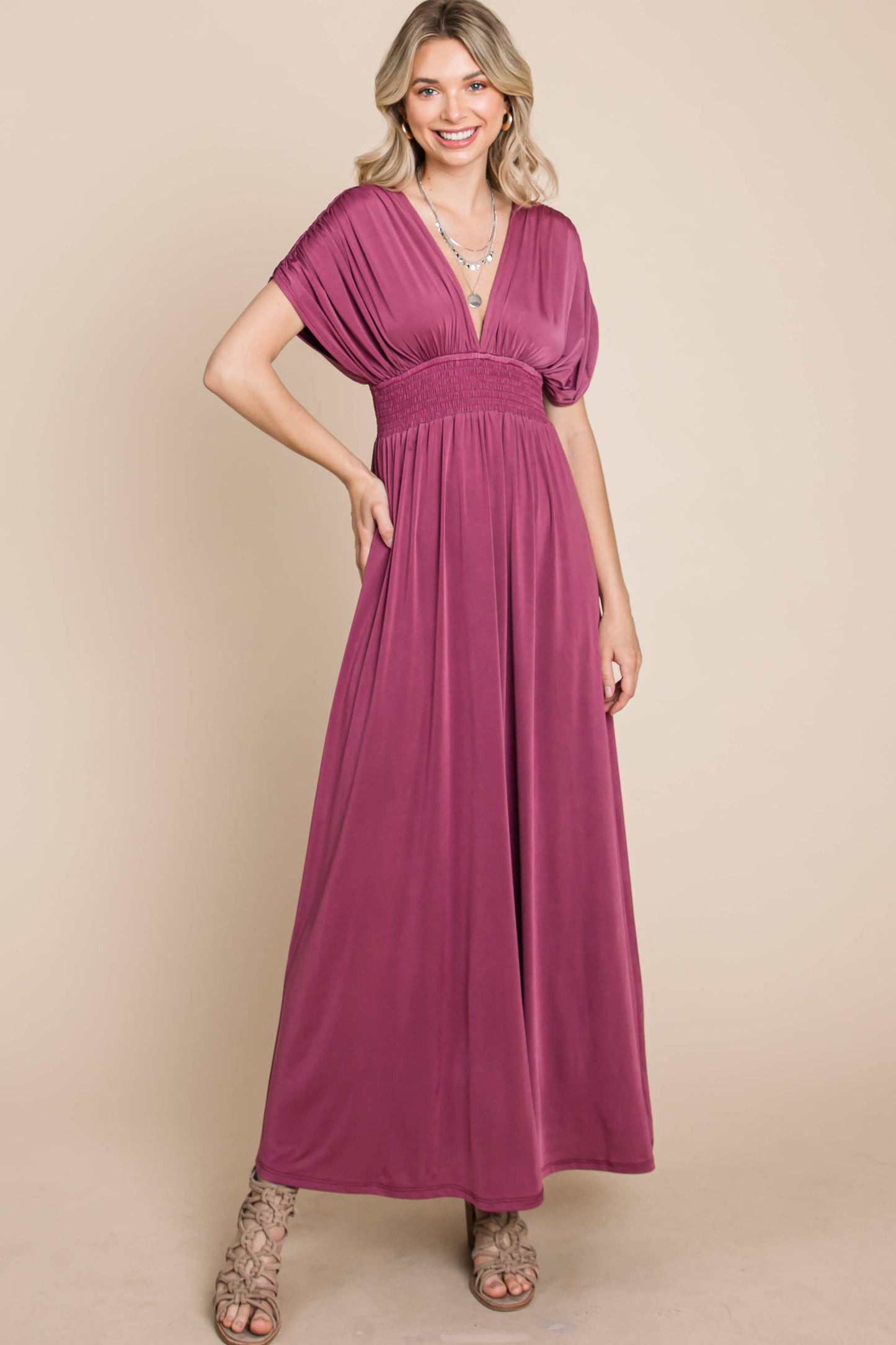 Solid Maxi Dress with Ruched Sleeves