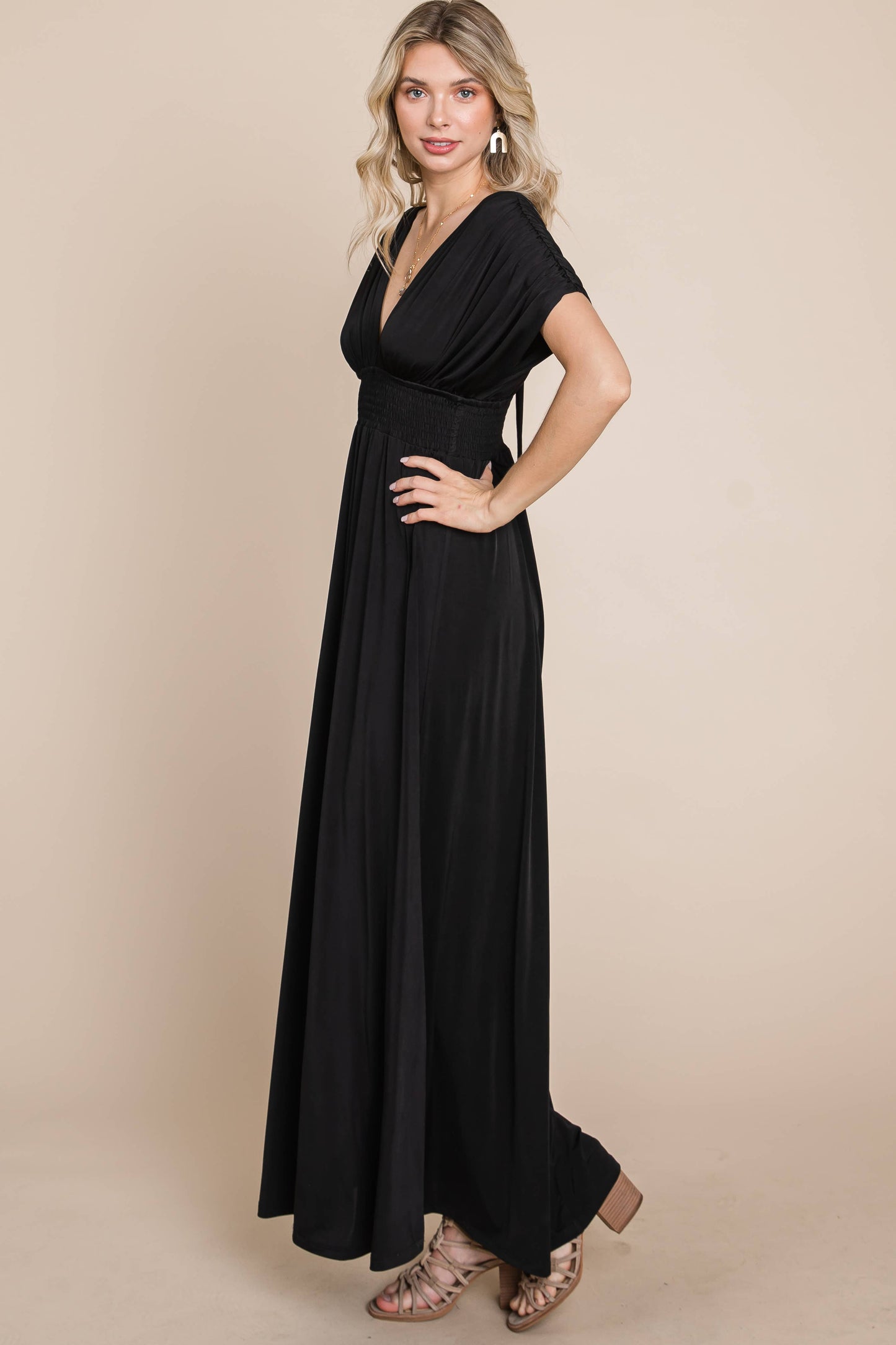 Maxi Dress with Ruched Sleeves-Plus(Black Only)