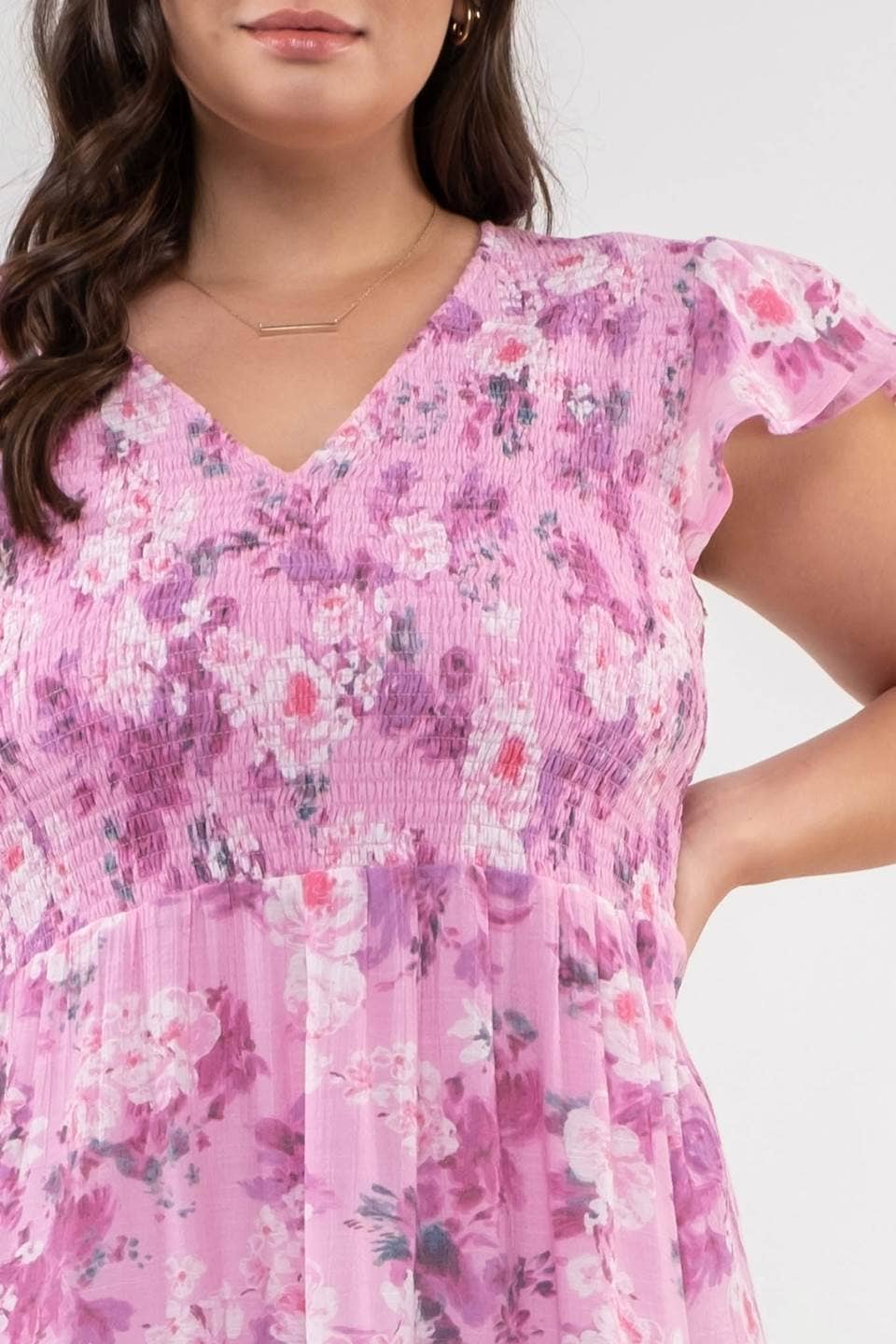 FLORAL FLUTTER SLEEVE MIDI DRESS-PLUS