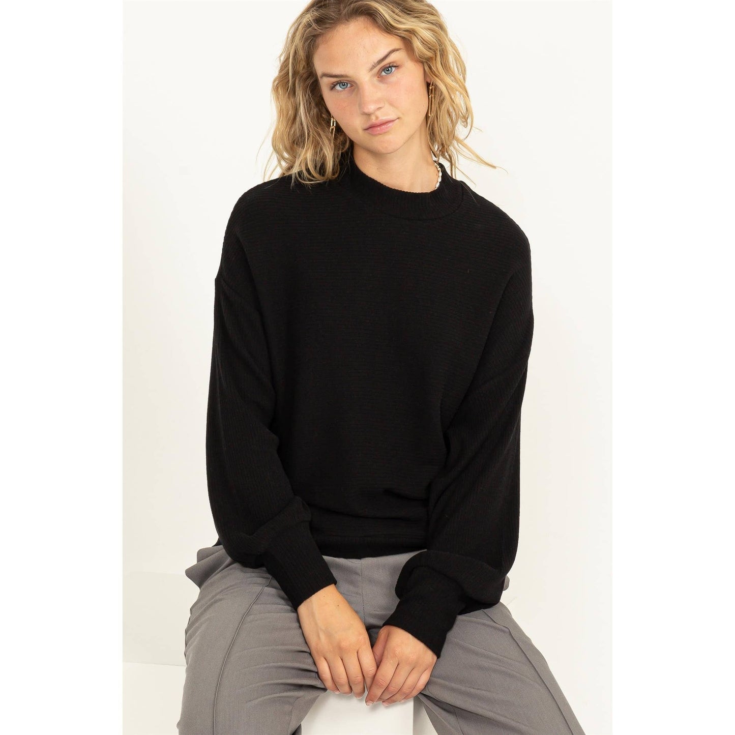 RIBBED BALLOON SLEEVE TOP
