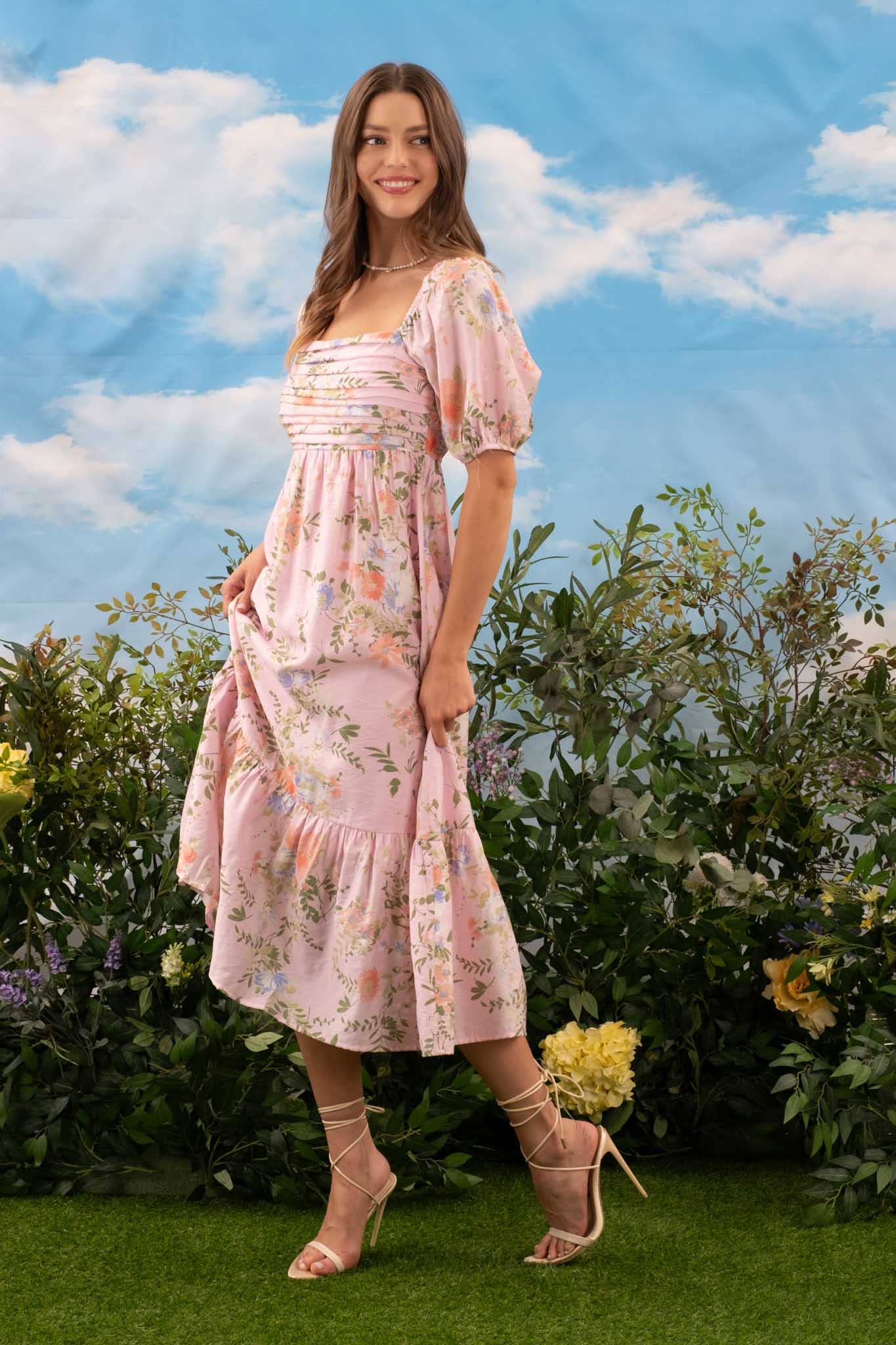 FLORAL BALLOON SLEEVE MIDI DRESS(Multi colors)