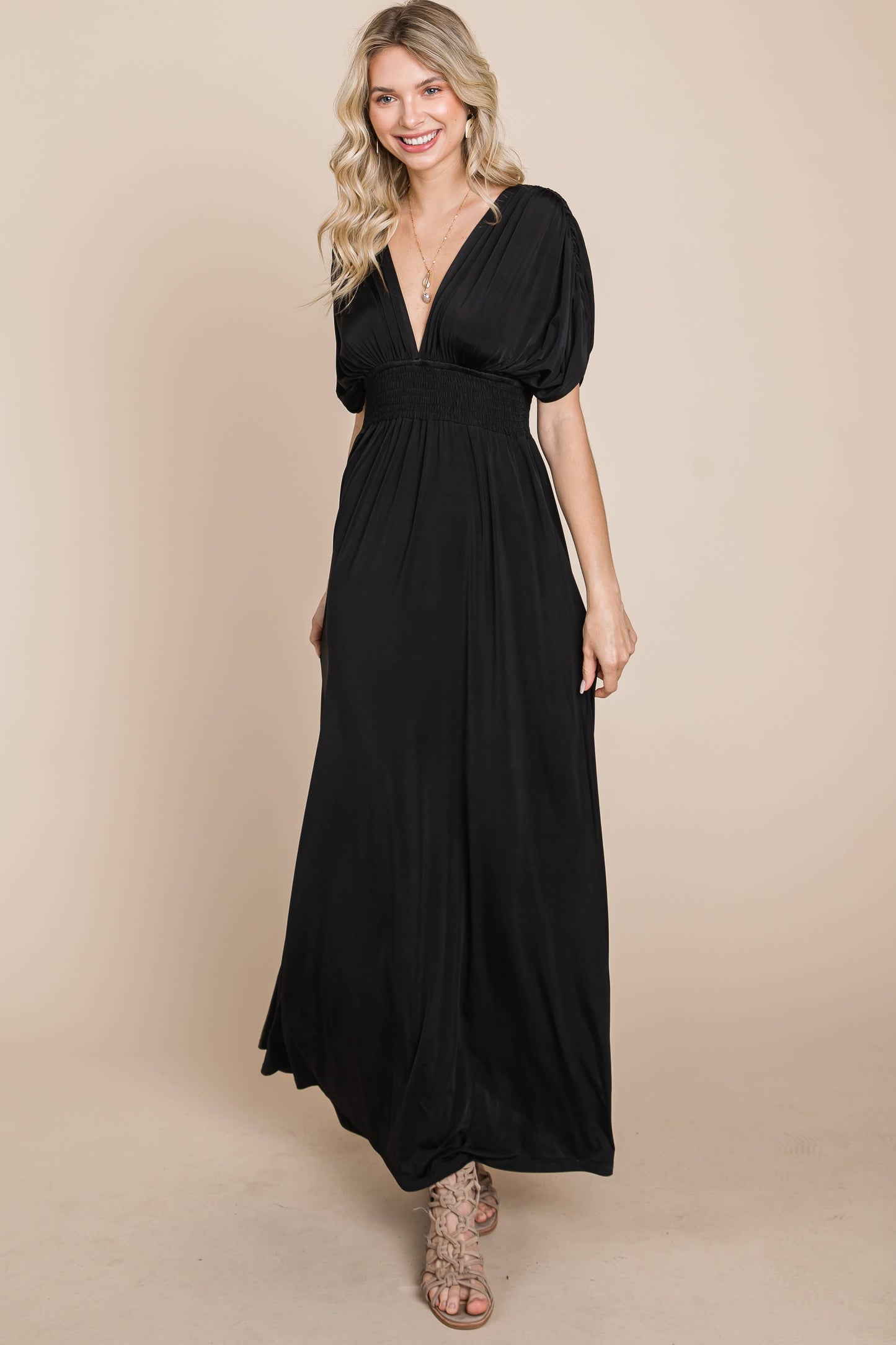 Maxi Dress with Ruched Sleeves-Plus(Black Only)