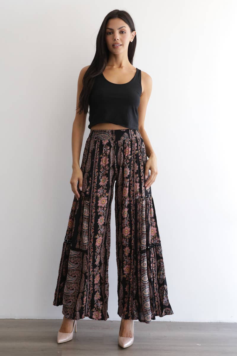 PRINTED FLARE PANTS WITH LACE INSERTS AND SMOCKED