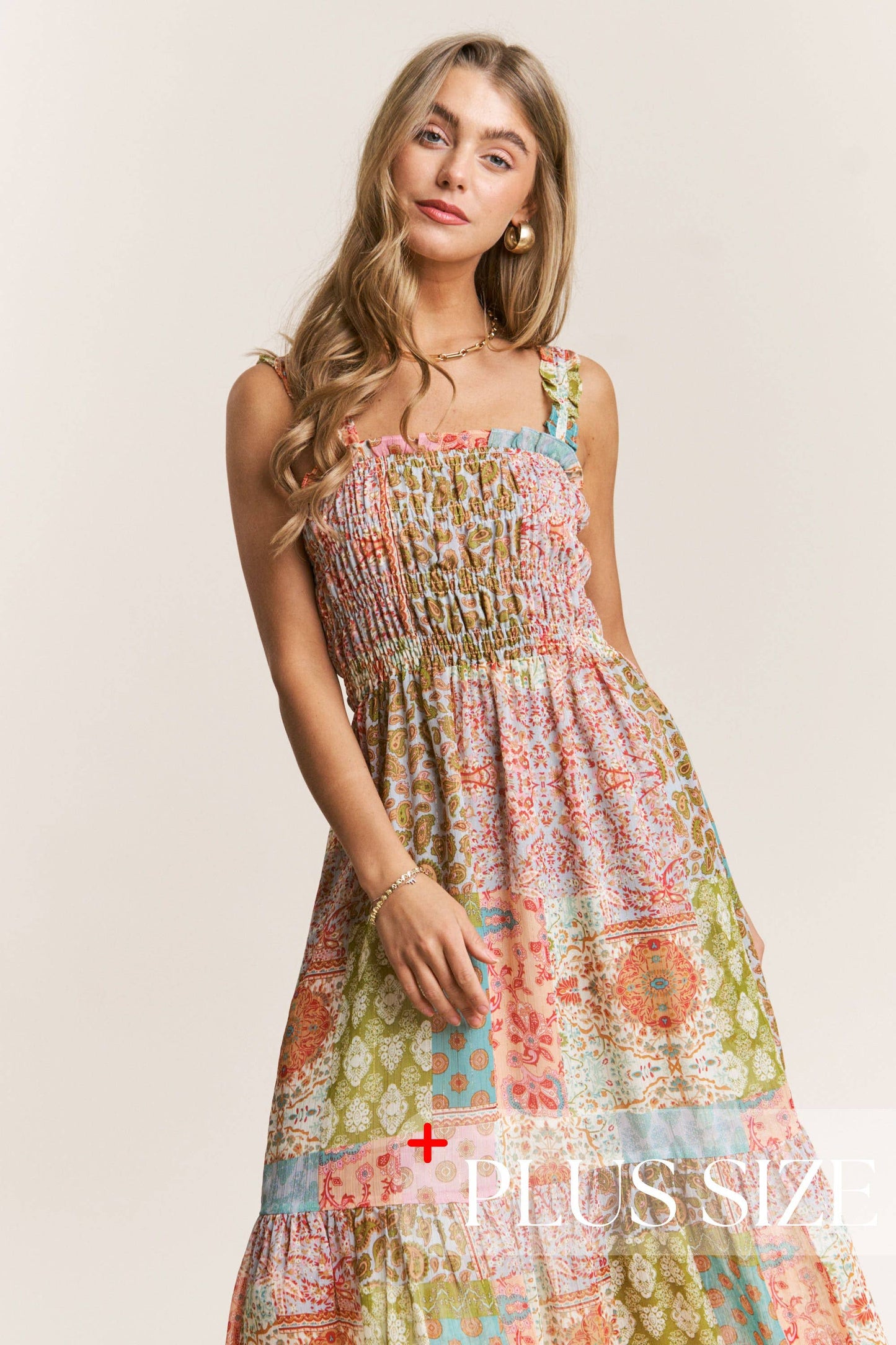 Smocked Top PatchWork Maxi Dress 1X-3X