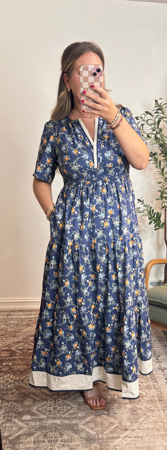 COTTON FLORAL BORDERED MAXI DRESS
