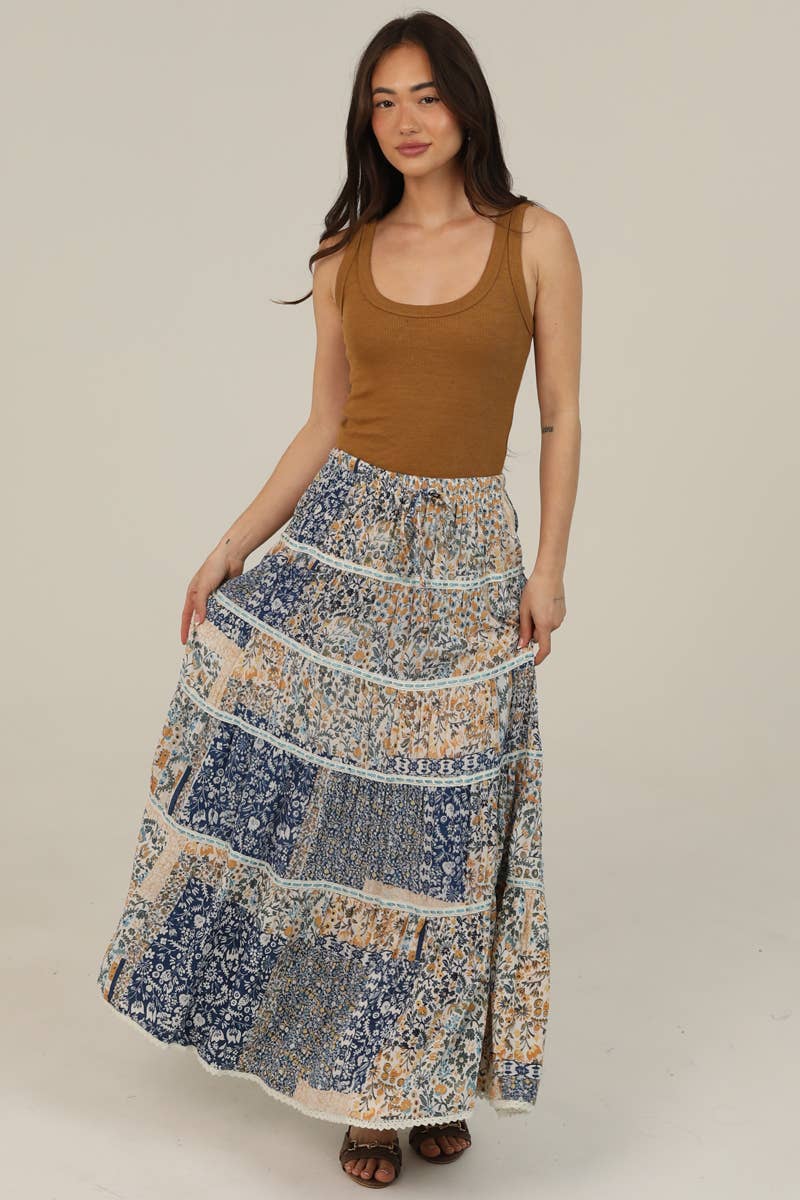 TIERED A LINE PRINTED MAXI SKIRT WITH LACE TRIMS