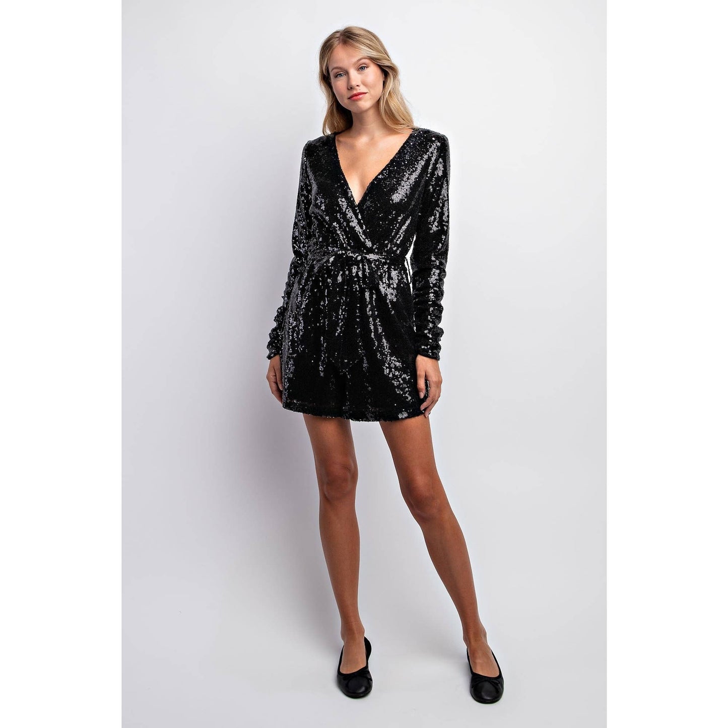 PLUNGING NECK SEQUINS ROMPER BLACK