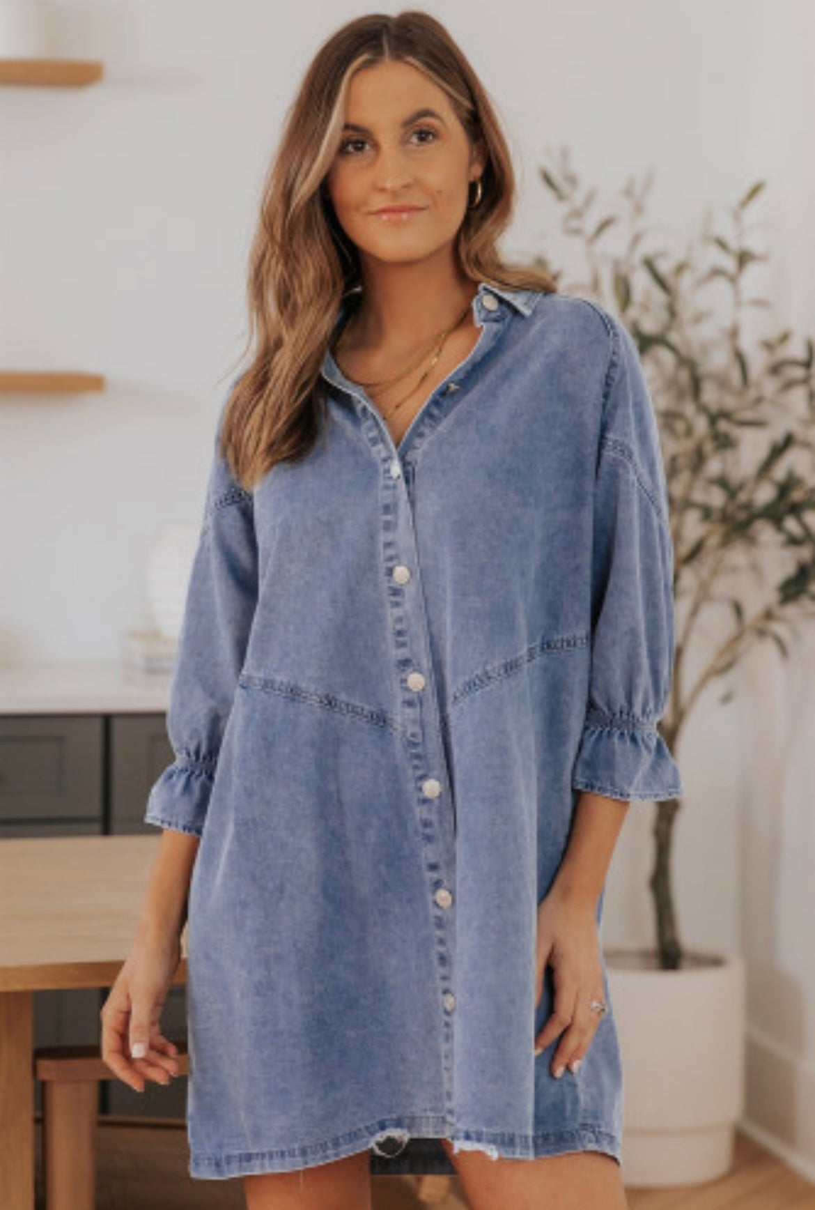 Sky Blue Buttoned Long Sleeve Denim Mini Dress