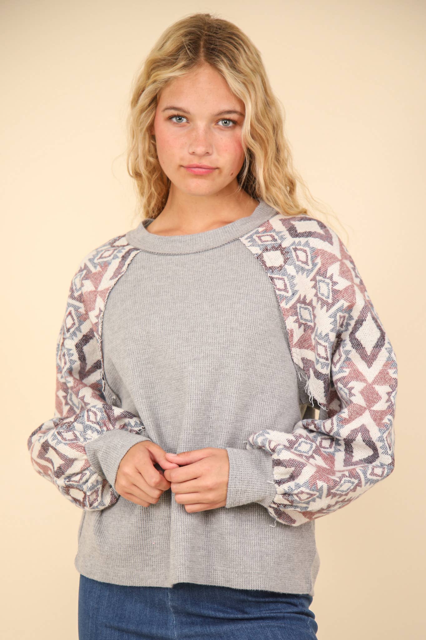 Aztec Printed Sleeve Oversized Cozy Knit Top