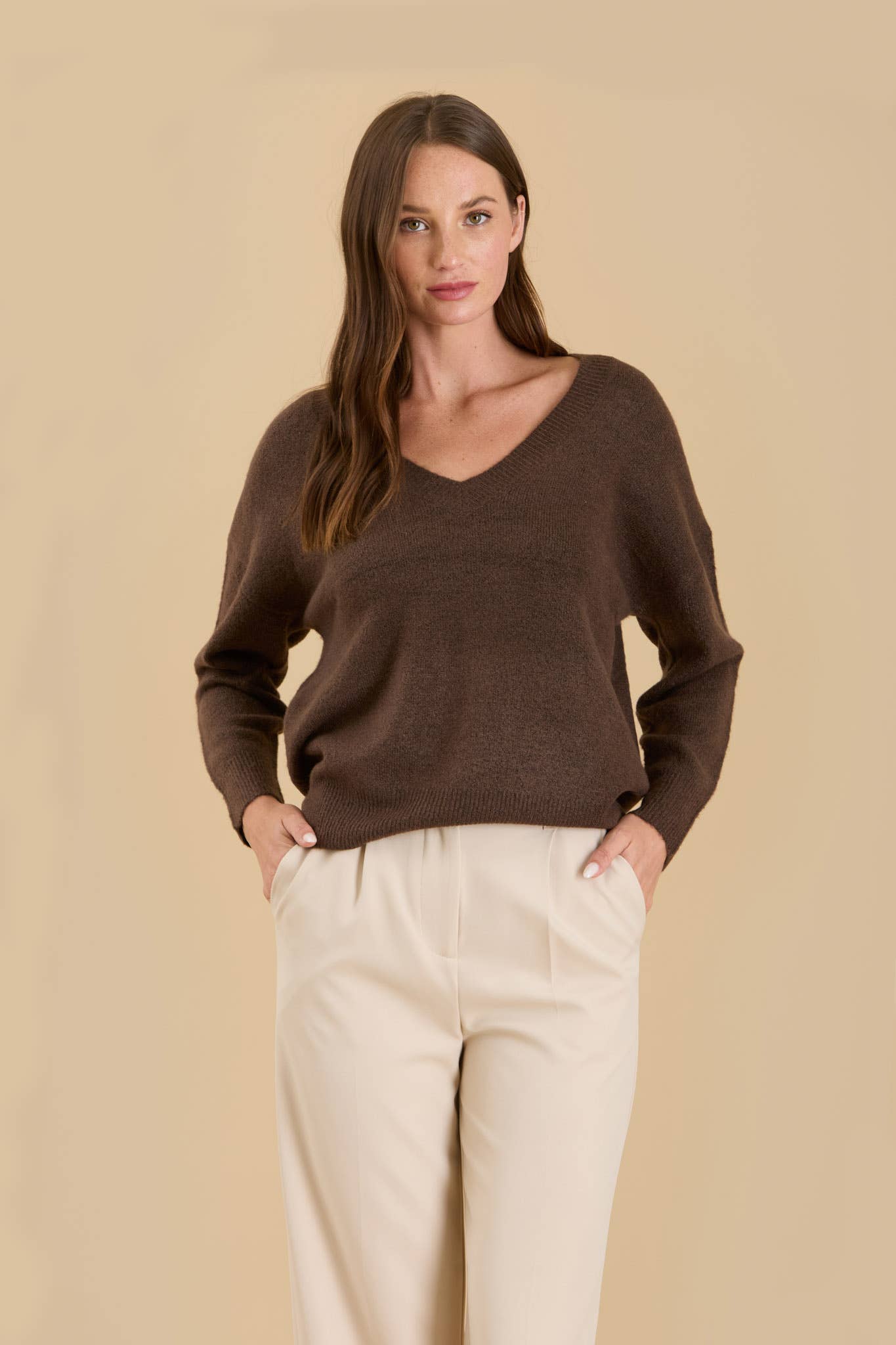 SOLID V NECK DROP SHOULDER KNIT SWEATER