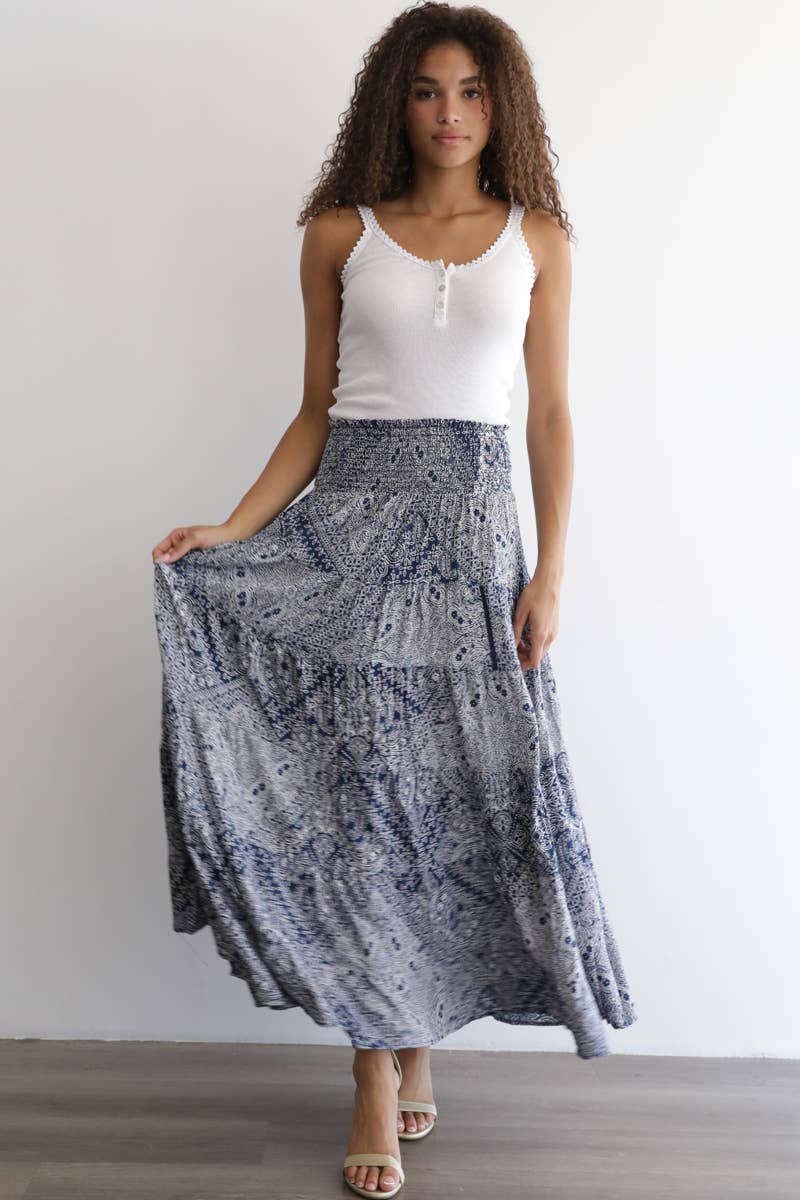 PRINTED TIERED A LINE MAXI SKIRT WITH SMOCKED WAI