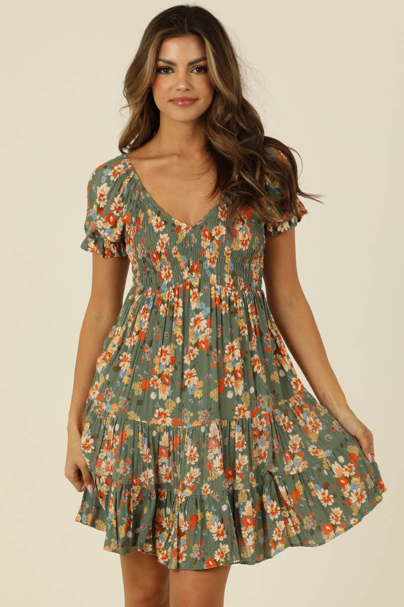 V NECK SMOCKED BODICE SHORT SLEEVE DRESS