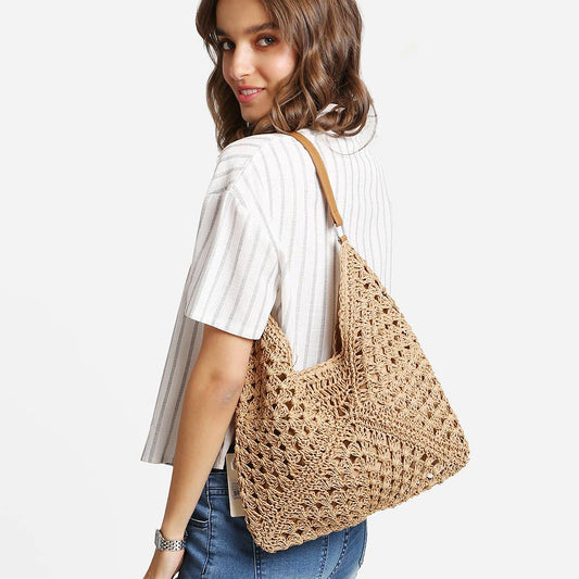 Triangular Pattern Design Straw Shoulder Bag