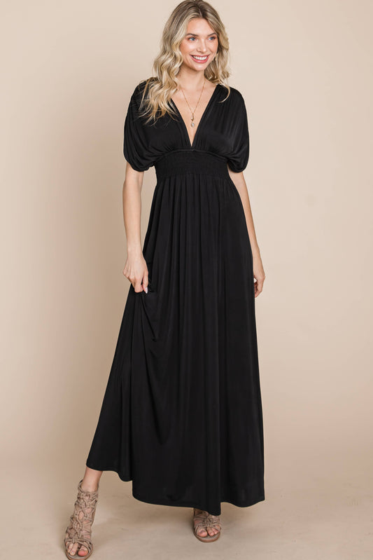 Maxi Dress with Ruched Sleeves-Plus(Black Only)