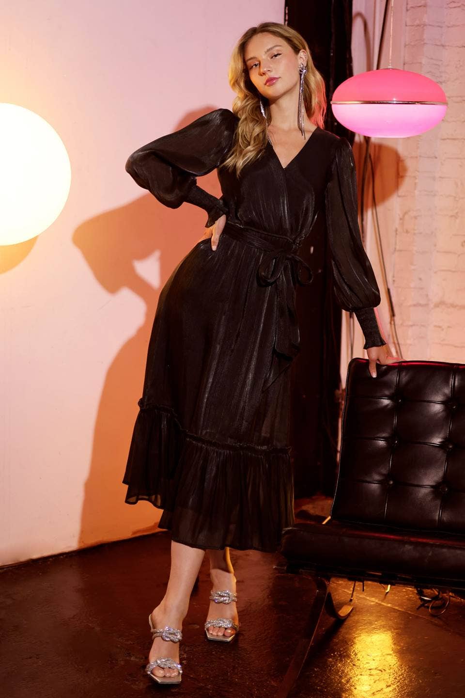 WRAP BELTED LONG BISHOP SLEEVE MIDI DRESS – The Lace Petal Boutique