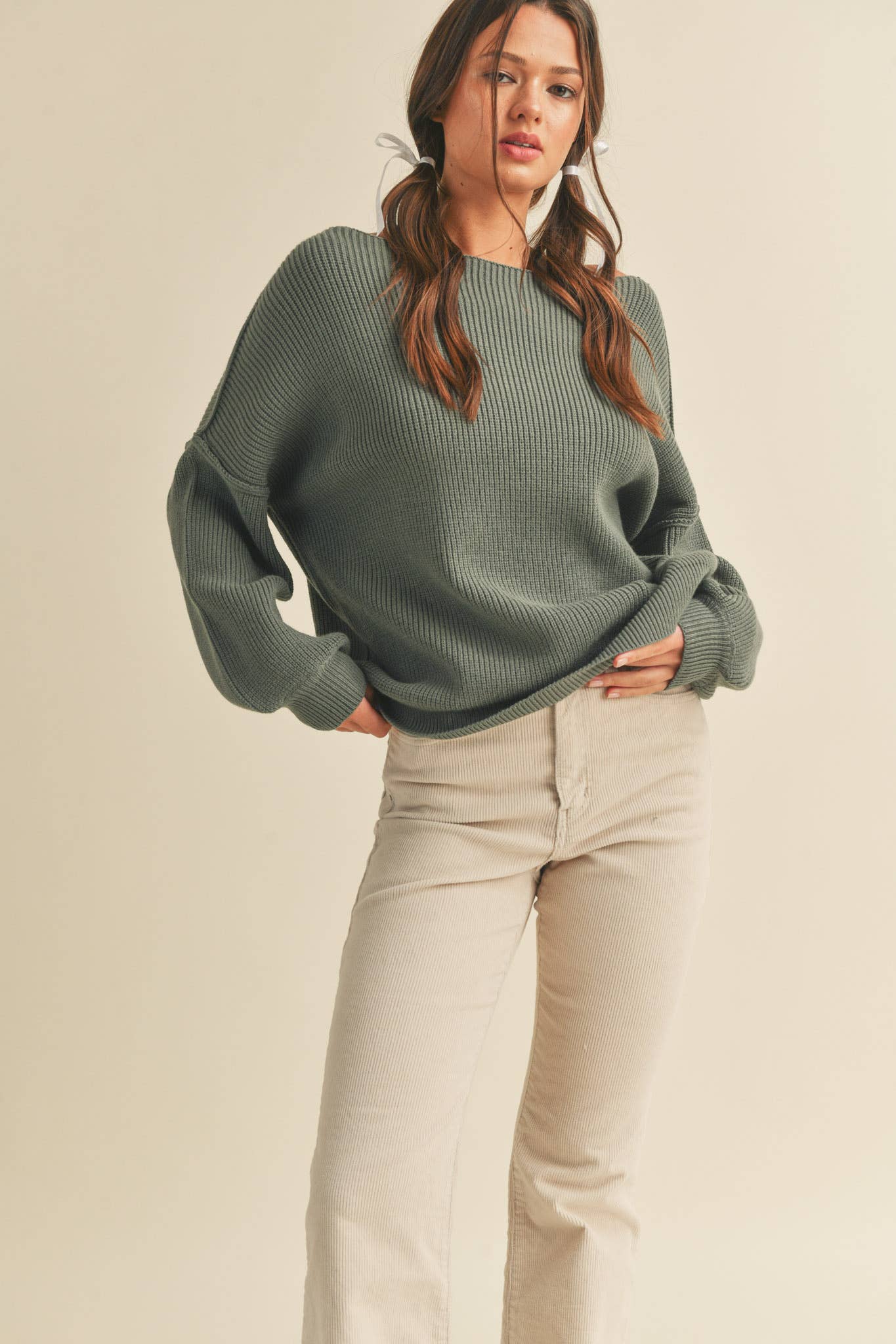 BOAT NECK BUBBLE SLEEVE SWEATER(4 colors)