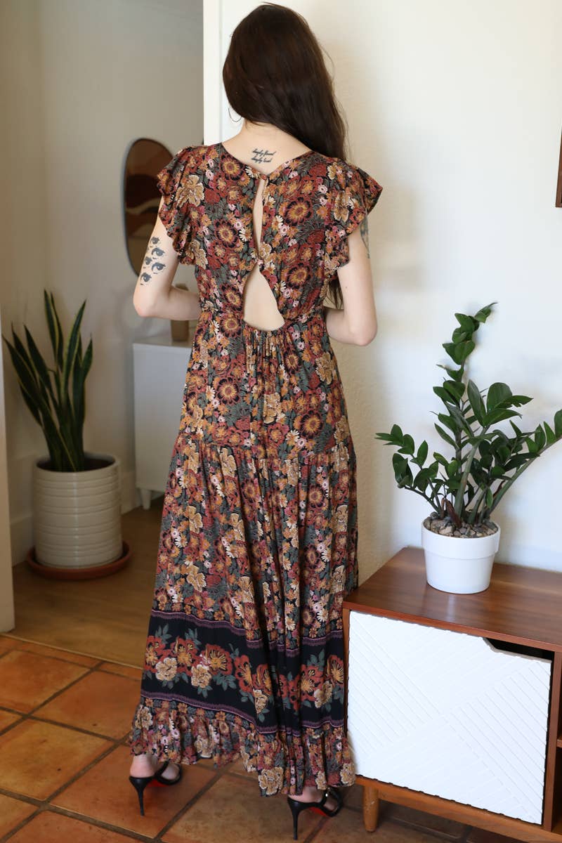 V NECK OPEN BACK FLUTTER SLEEVE MAXI DRESS