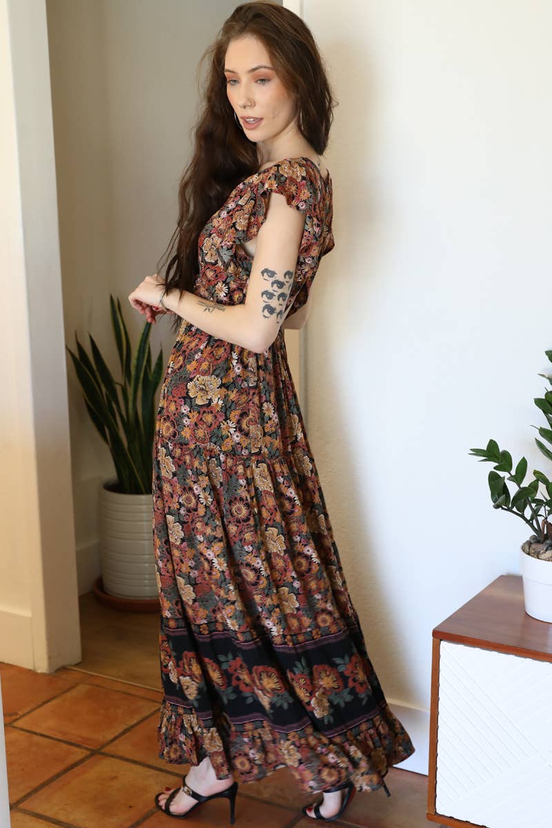 V NECK OPEN BACK FLUTTER SLEEVE MAXI DRESS