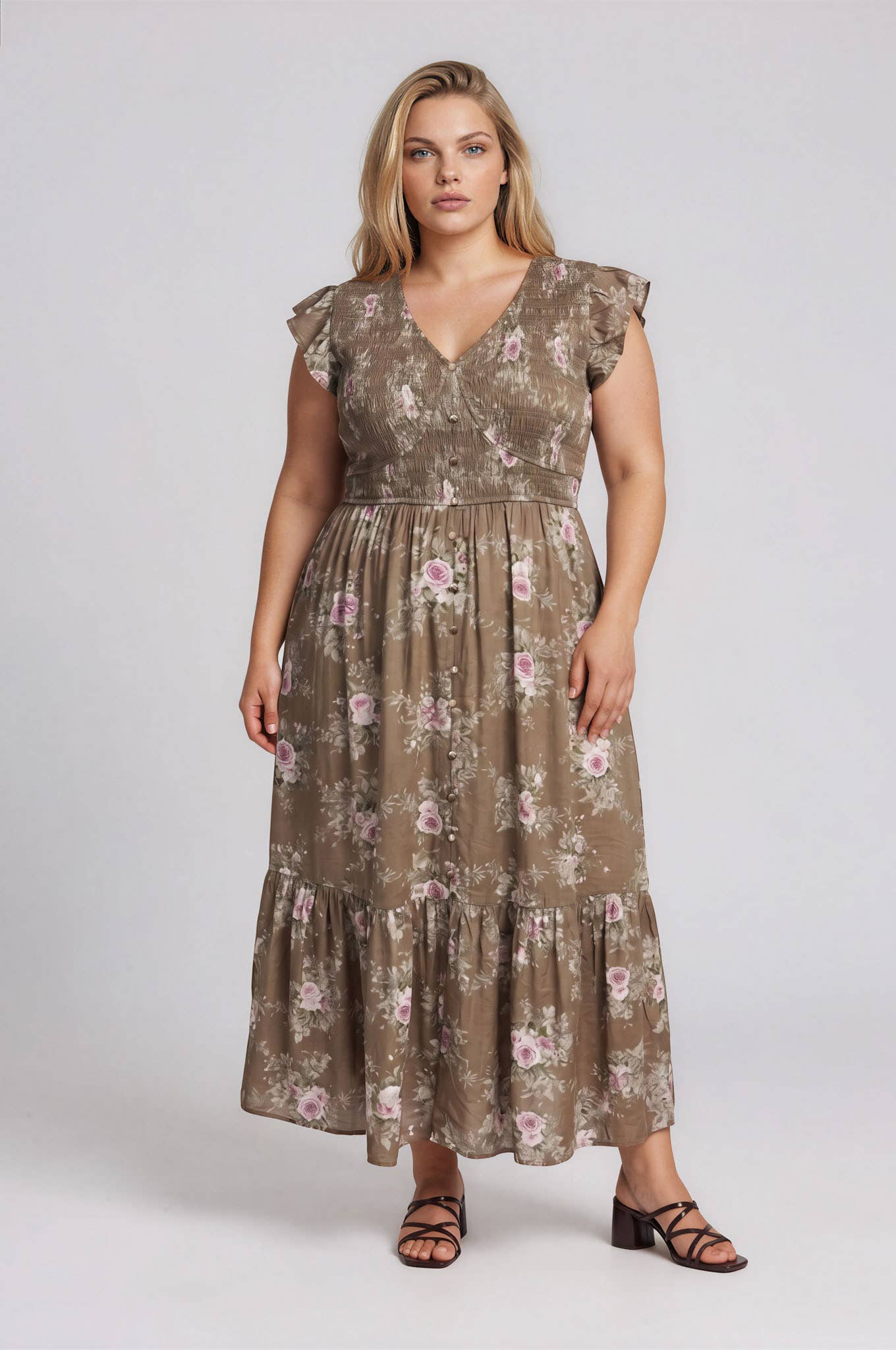 PLUS ROSE SMOCKED V NECK BUTTON DOWN MIDI DRESS