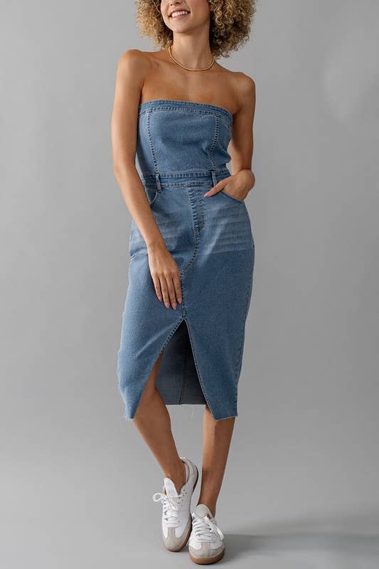 STRAPLESS DENIM MIDI DRESS