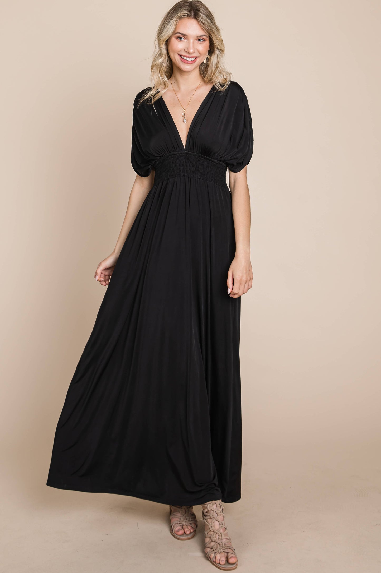 Maxi Dress with Ruched Sleeves-Plus(Black Only)