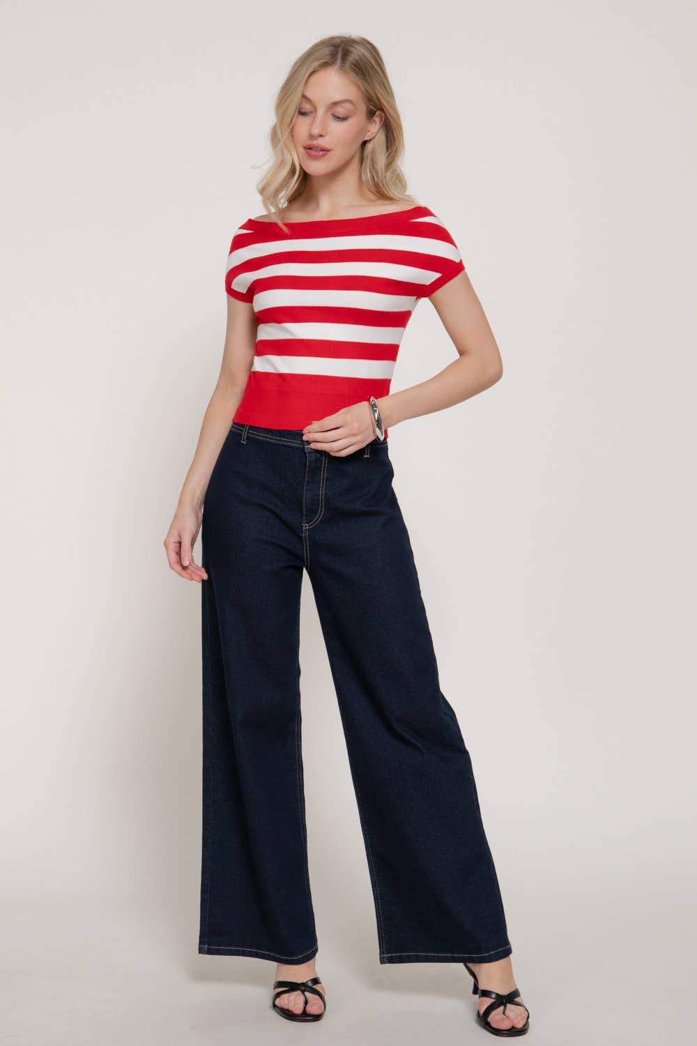 Short Sleeve Off The Shoulder Striped Sweater Top