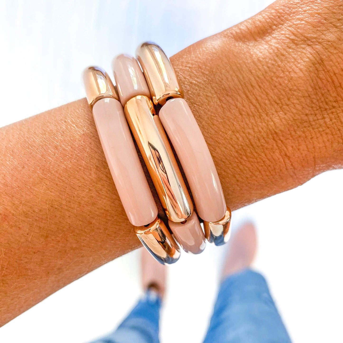 Blush & Rose Gold Acrylic Tube Bamboo Bracelet