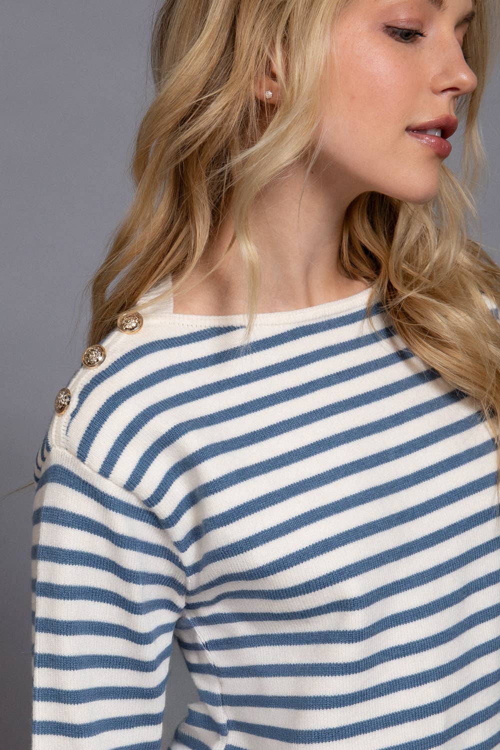 Long Sleeve Buttoned Shoulder Stripe Sweater
