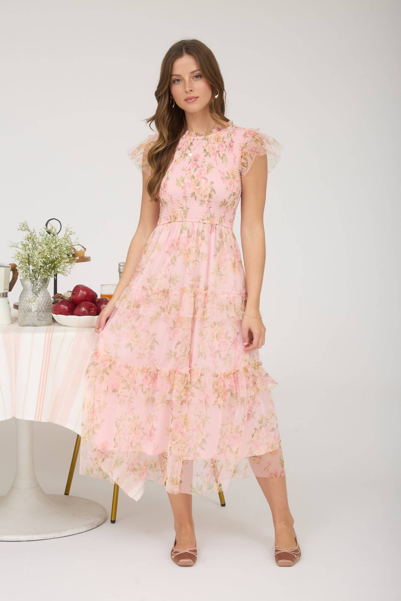 FLORAL TULLE PATTERN SMOCKED TIERED MIDI DRESS