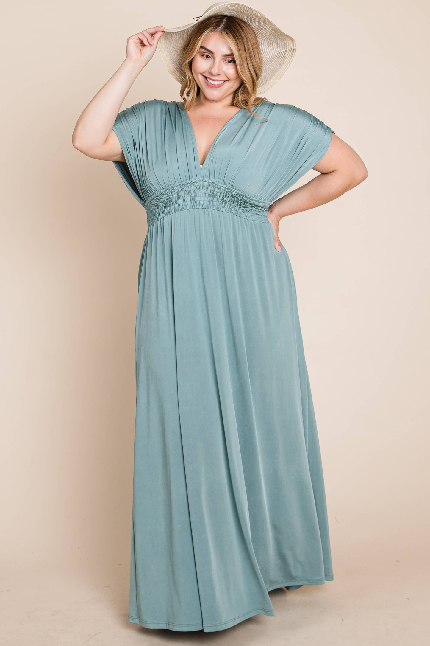 Maxi Dress with Ruched Sleeves-Plus(Black Only)