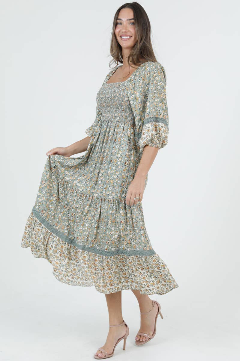 WIMSY PRINT LACE TRIM SMOCKED BODICE MIDI DRESS W