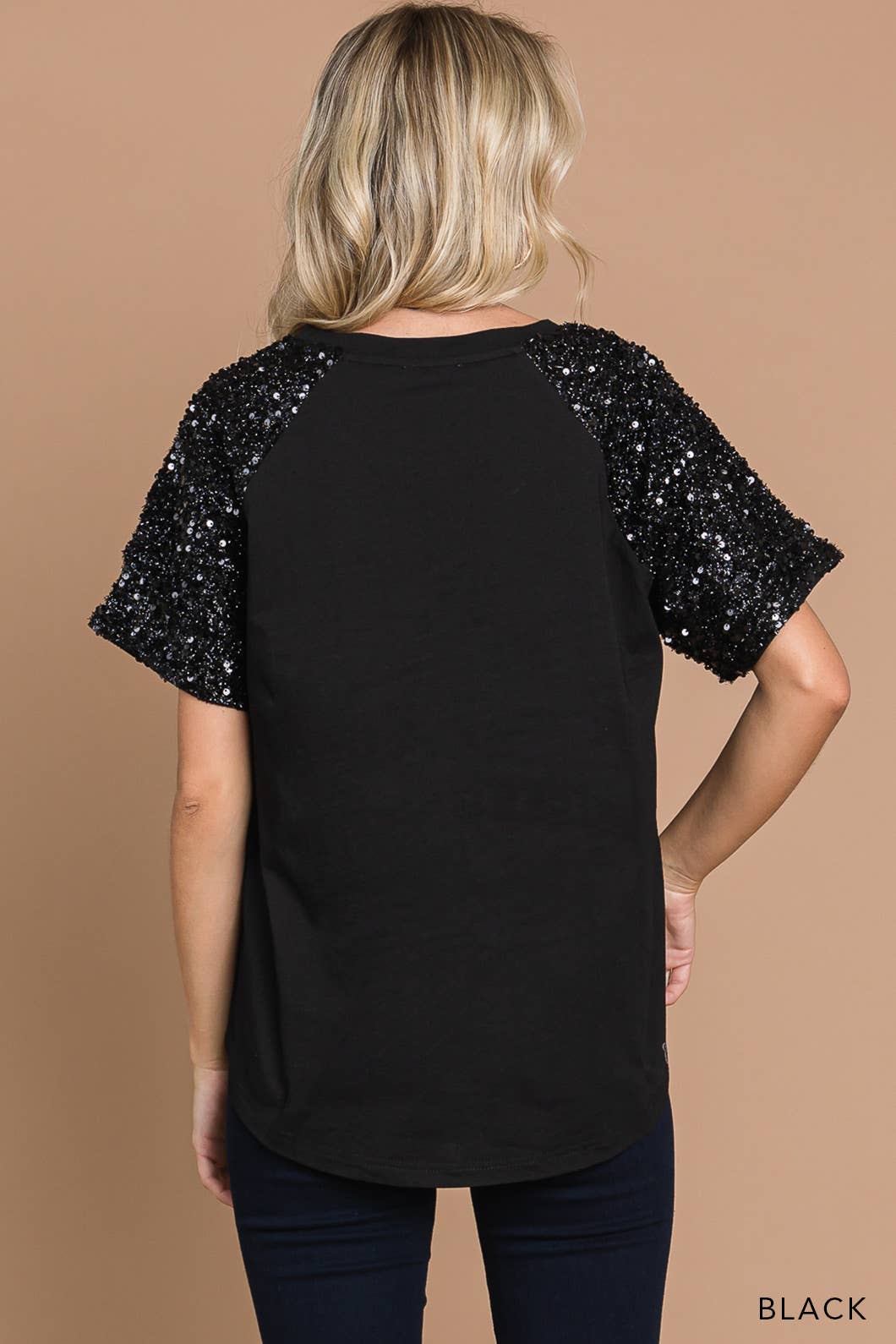 Washed Cotton Knit W/ Sequin Contrast Sleeve